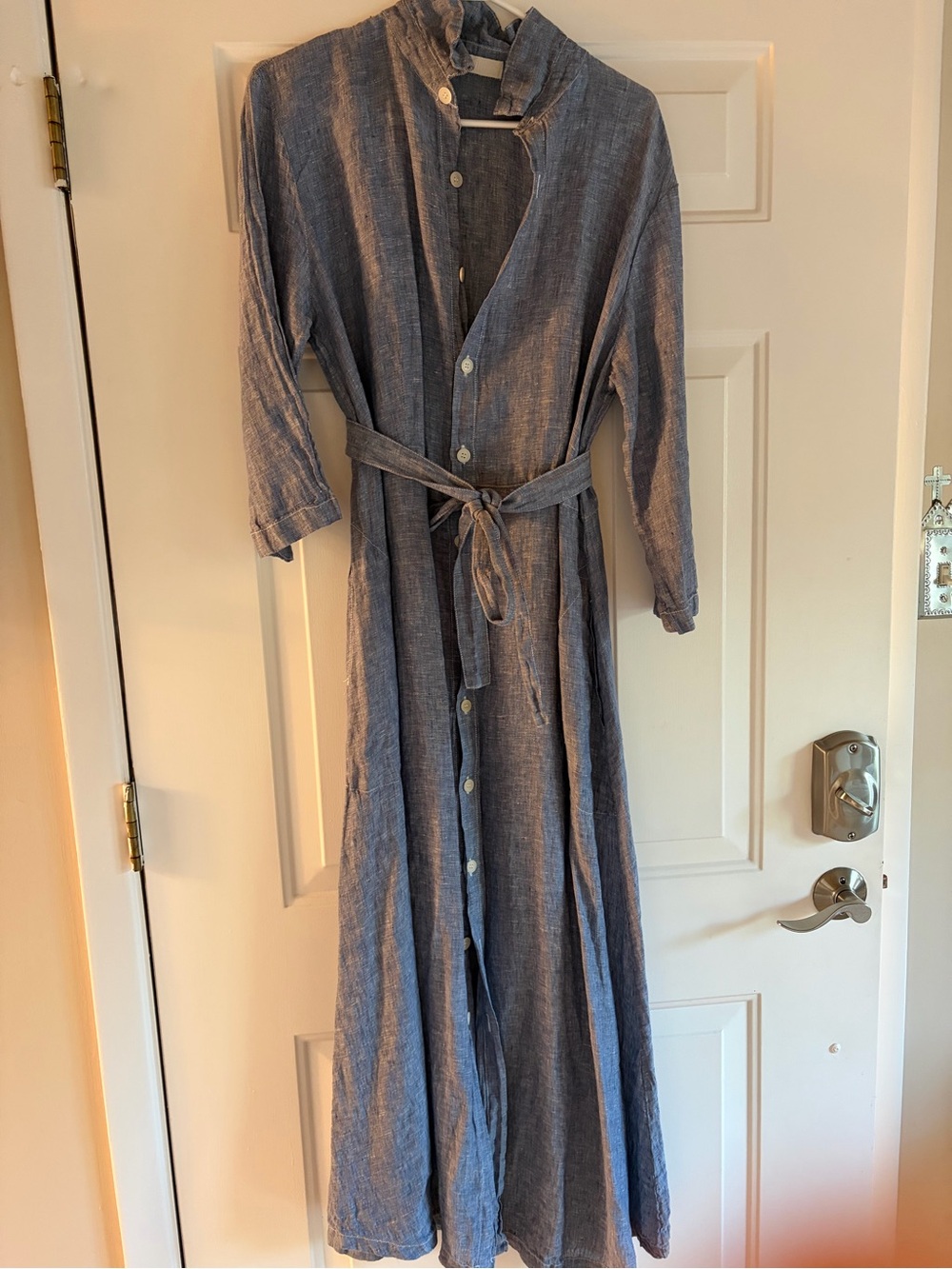 CP Shades Indigo Blue Chambray linen Button-Front Maxi Dress with Tie Belt